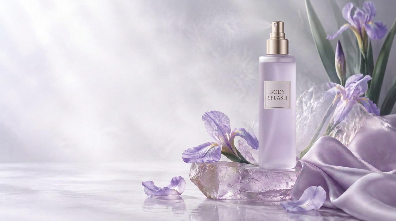 Frasco de body splash de vidro fosco com válvula de névoa dourada, entre íris e seda lavanda