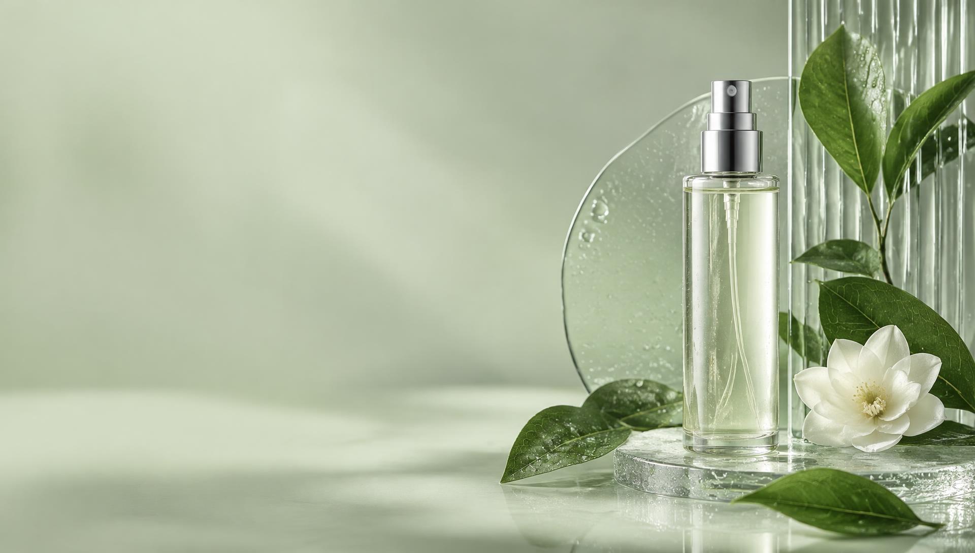 Frasco conceitual transparente com folhagem fresca e vidro esculpido